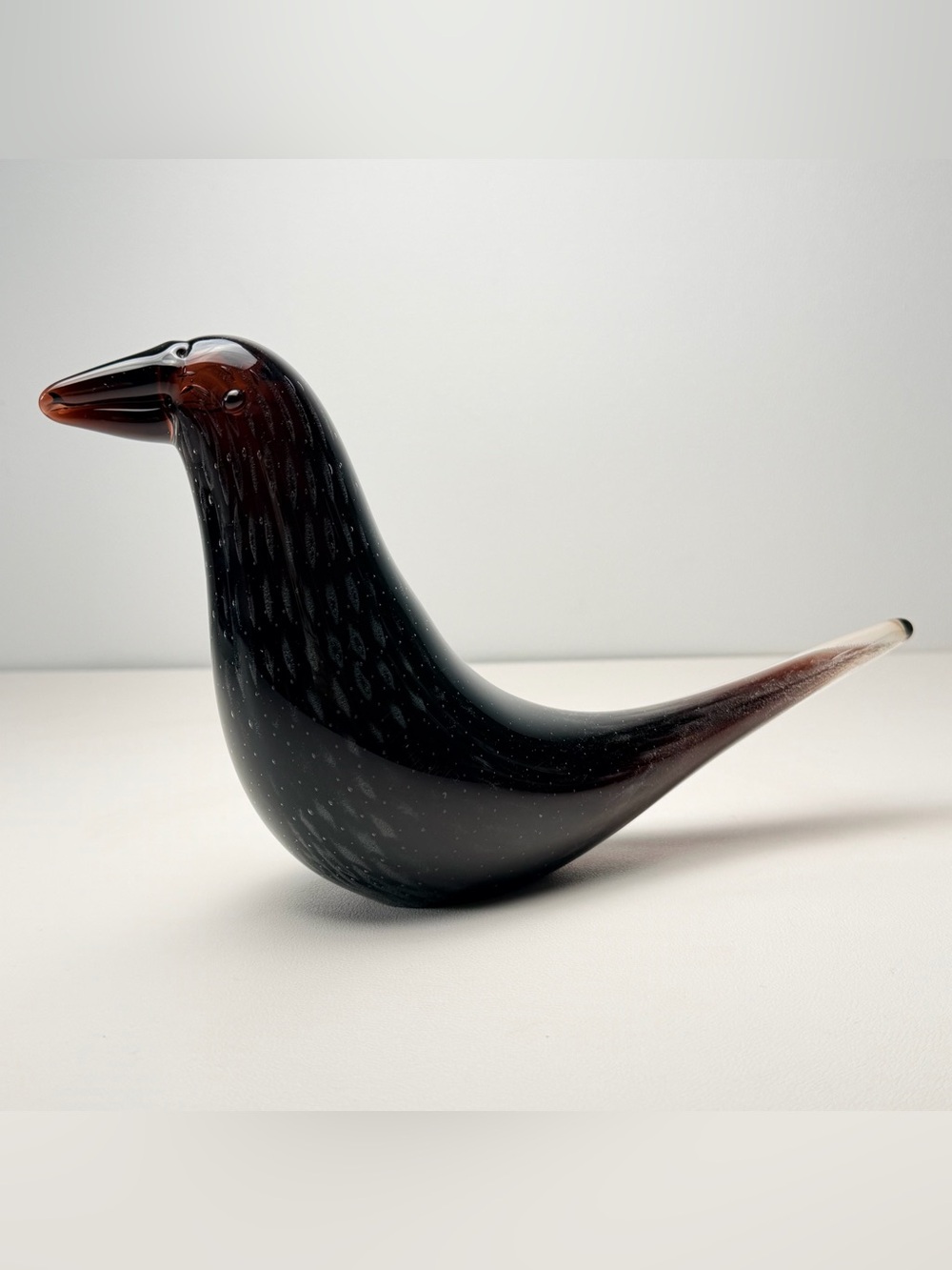 Art Glass Bird Figurine Black Brown Speckled Glossy